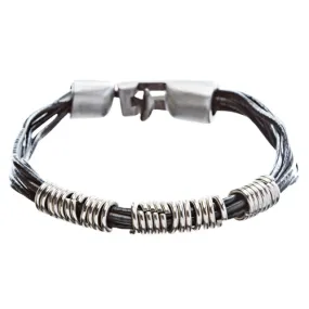 6-Strand Pewter T Clip Clasp Leather Bracelet Black