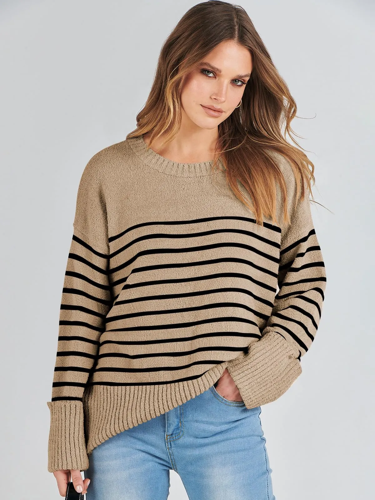 ANRABESS Women's Oversized Crewneck Long Sleeve Fuzzy Knit Casual Chunky Warm 2024 Fall Pullover Sweaters Top Trendy Outfits