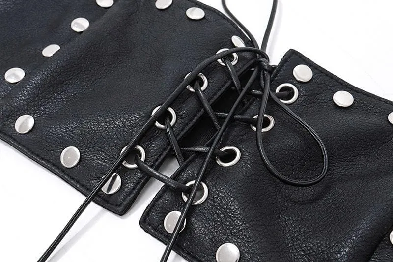 Backless sleeveless u neck PU leather lace up crop top