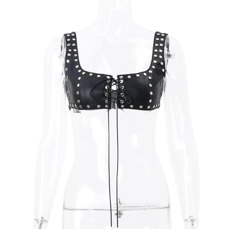 Backless sleeveless u neck PU leather lace up crop top