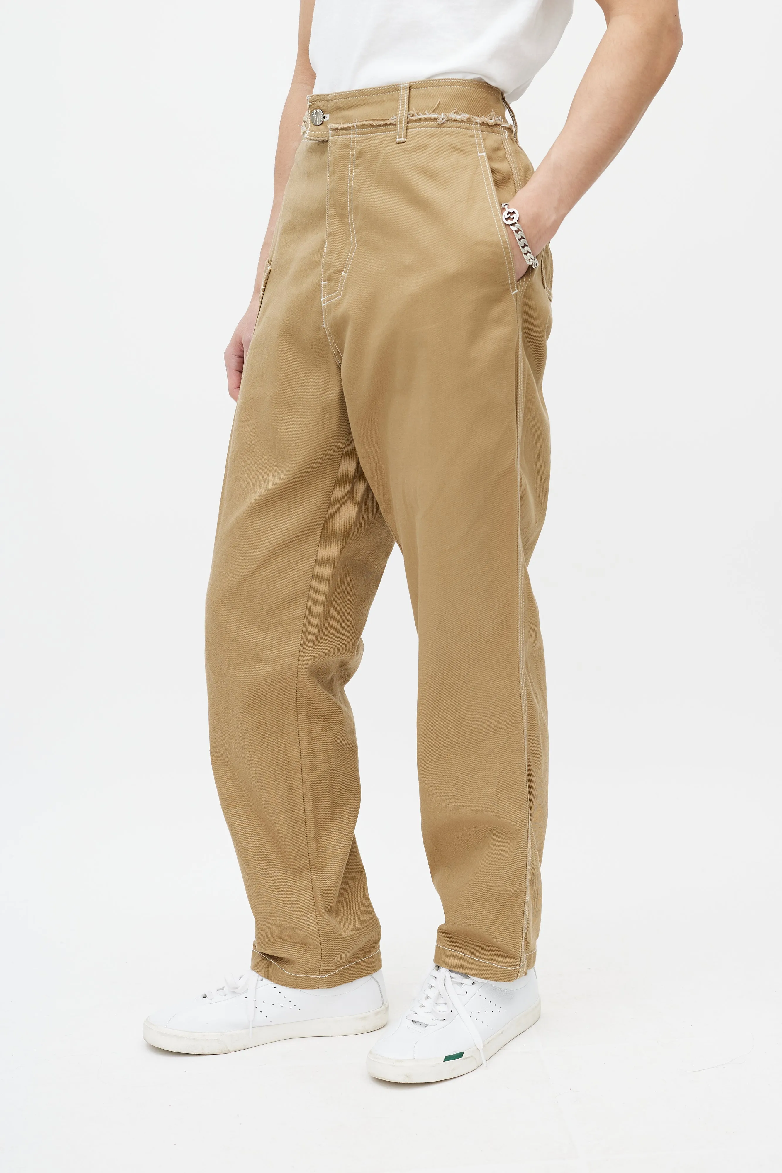 Beige Contrast Stitch Trouser