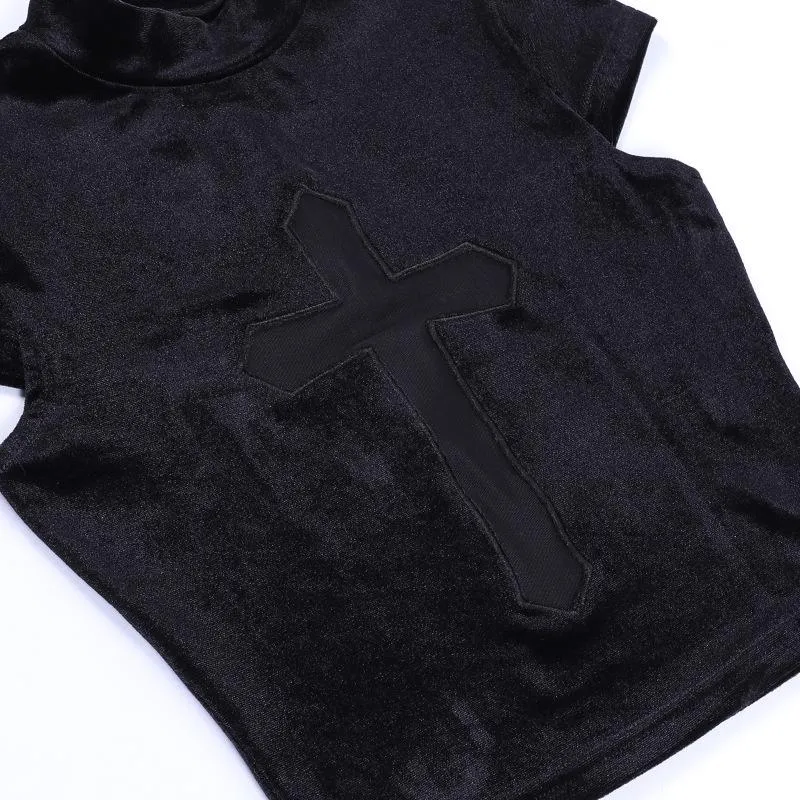 Cap sleeve mesh cross pattern velvet high neck solid top goth Alternative Darkwave Fashion goth Emo Darkwave Fashion