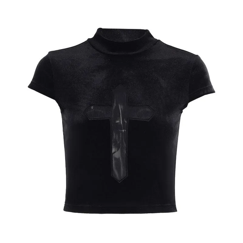 Cap sleeve mesh cross pattern velvet high neck solid top goth Alternative Darkwave Fashion goth Emo Darkwave Fashion