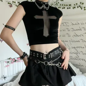 Cap sleeve mesh cross pattern velvet high neck solid top goth Alternative Darkwave Fashion goth Emo Darkwave Fashion