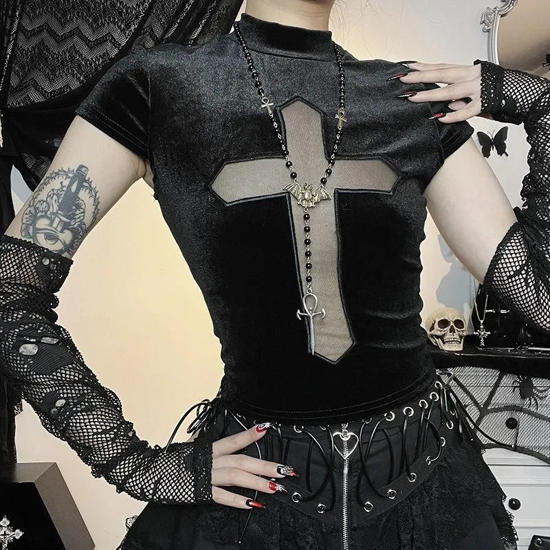 Cap sleeve mesh cross pattern velvet high neck solid top goth Alternative Darkwave Fashion goth Emo Darkwave Fashion