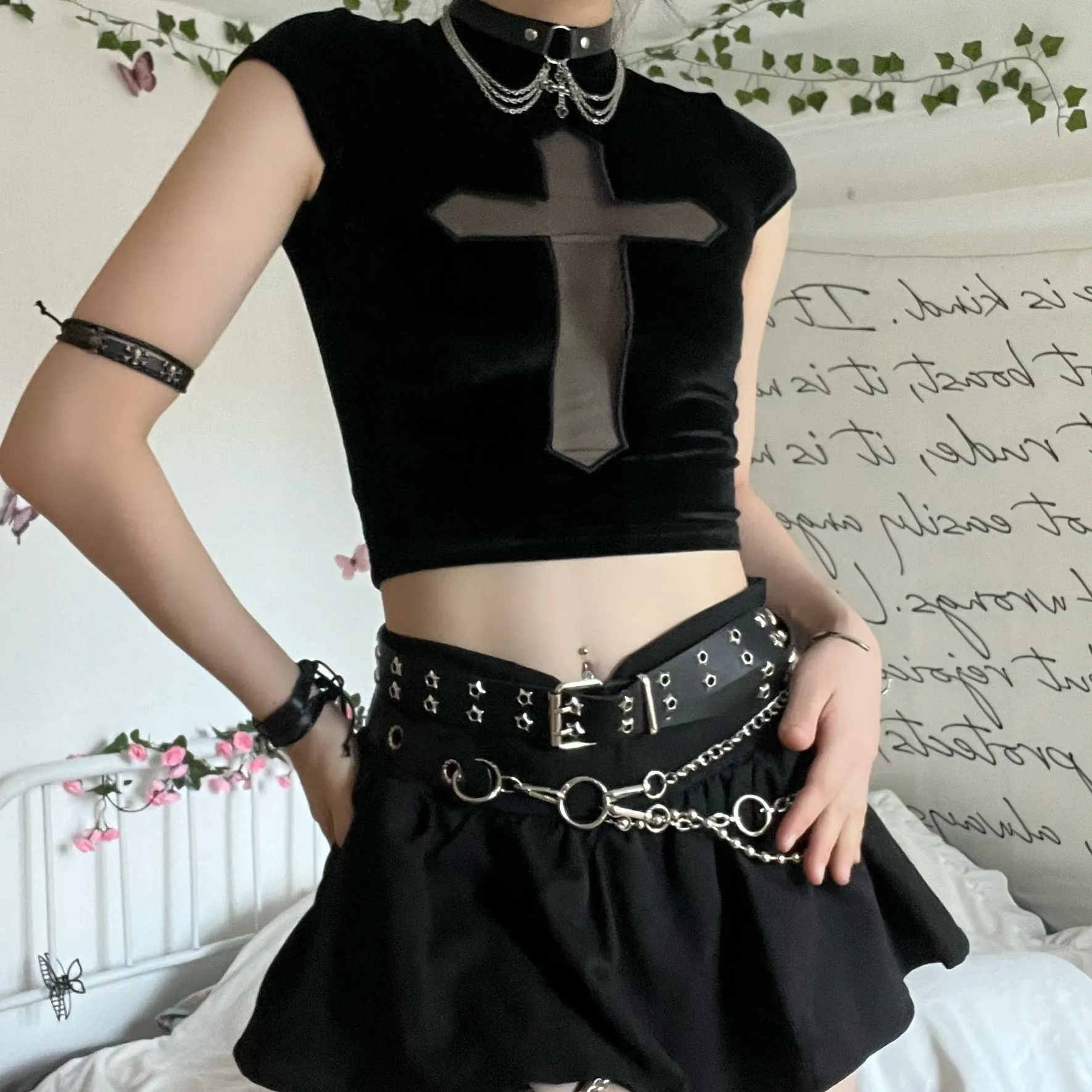 Cap sleeve mesh cross pattern velvet high neck solid top goth Alternative Darkwave Fashion goth Emo Darkwave Fashion