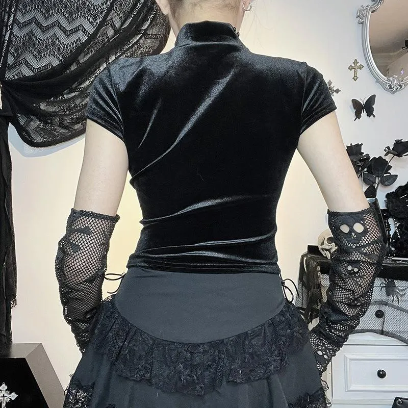 Cap sleeve mesh cross pattern velvet high neck solid top goth Alternative Darkwave Fashion goth Emo Darkwave Fashion