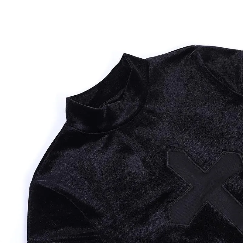 Cap sleeve mesh cross pattern velvet high neck solid top goth Alternative Darkwave Fashion goth Emo Darkwave Fashion
