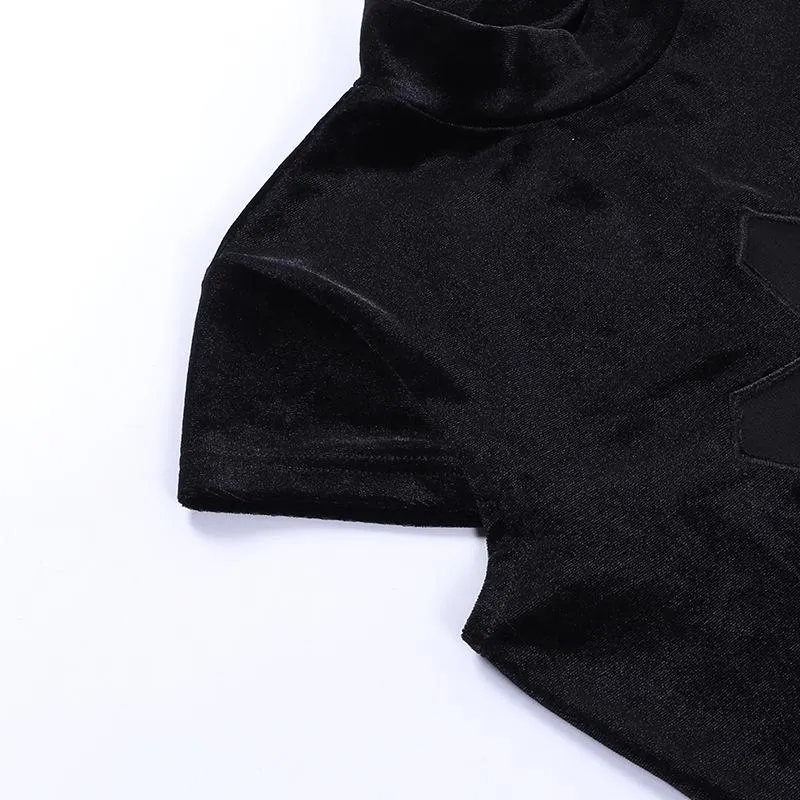 Cap sleeve mesh cross pattern velvet high neck solid top goth Alternative Darkwave Fashion goth Emo Darkwave Fashion