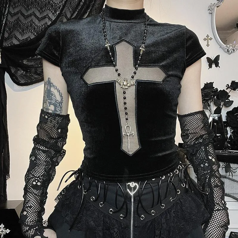 Cap sleeve mesh cross pattern velvet high neck solid top goth Alternative Darkwave Fashion goth Emo Darkwave Fashion
