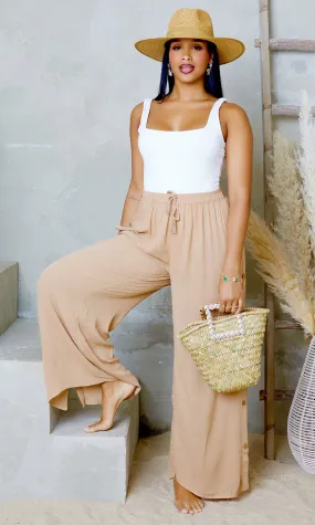 Cotton Breeze | Side Buttons Wide Leg Pants - Brown