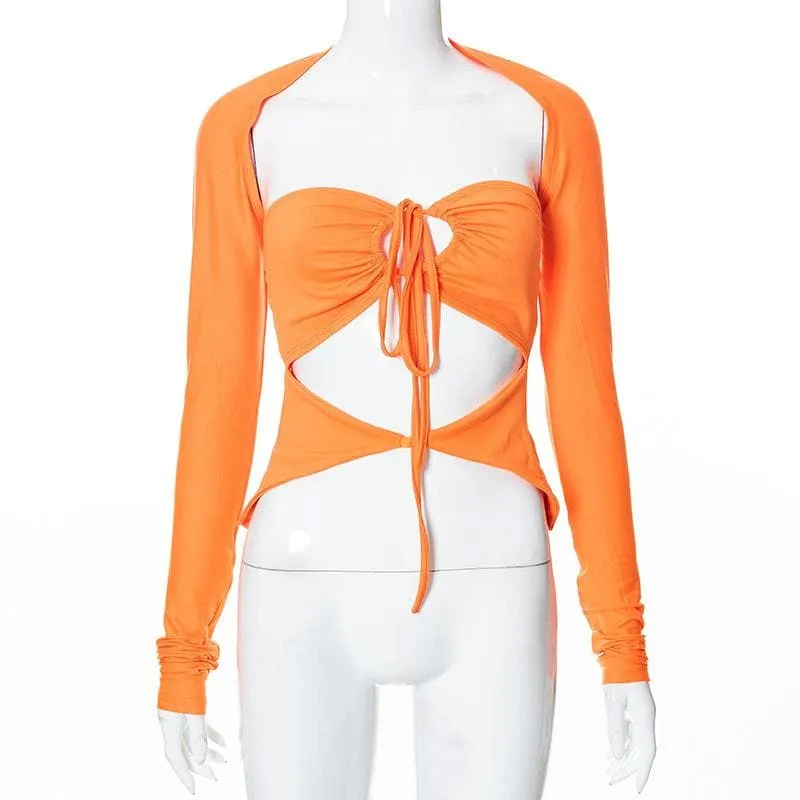 Drawstring hollow out button solid 2 piece shrug tube cut out top