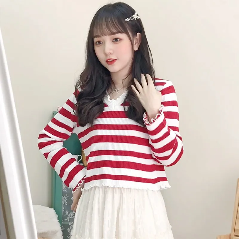 Fashion Fungus Trim Striped Knit Sweater