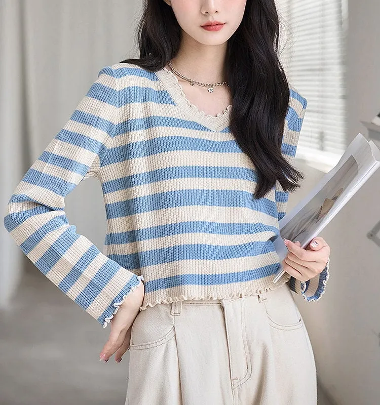 Fashion Fungus Trim Striped Knit Sweater