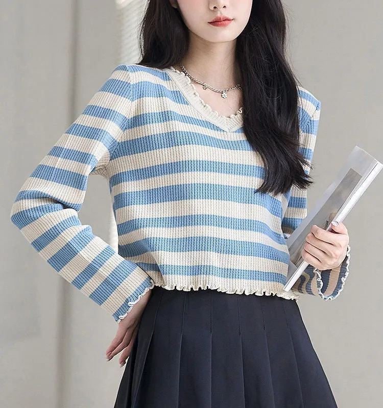 Fashion Fungus Trim Striped Knit Sweater