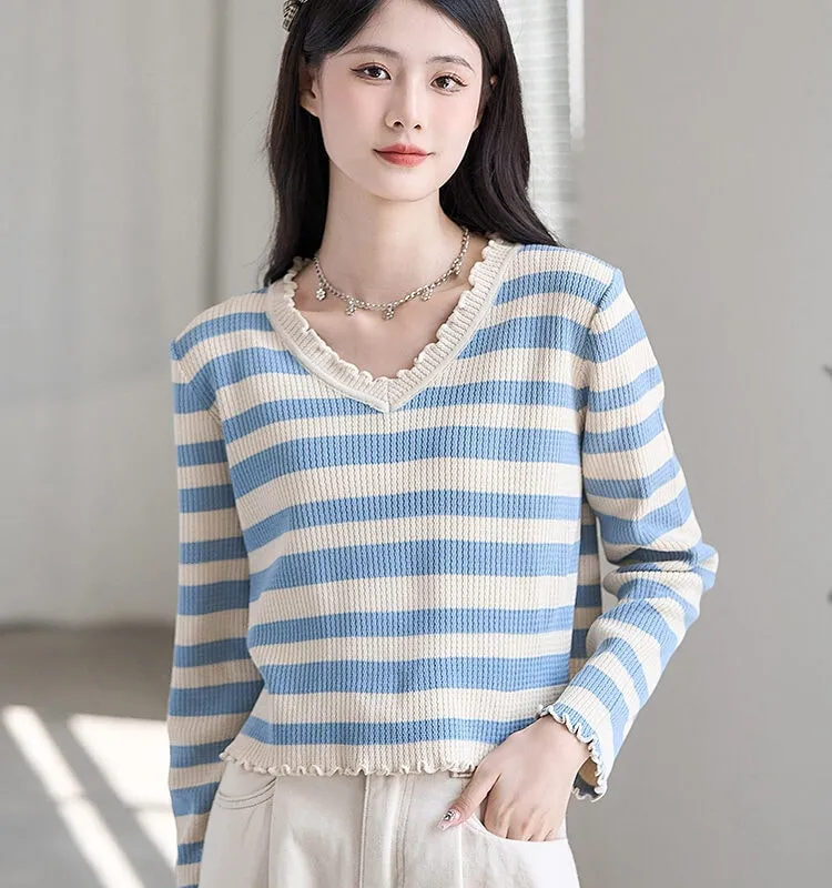 Fashion Fungus Trim Striped Knit Sweater