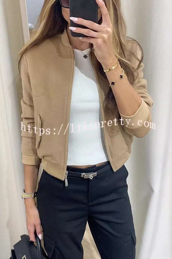 Fashionable for Fall Woolen Blend Pocketed Loose Baseball Jacket