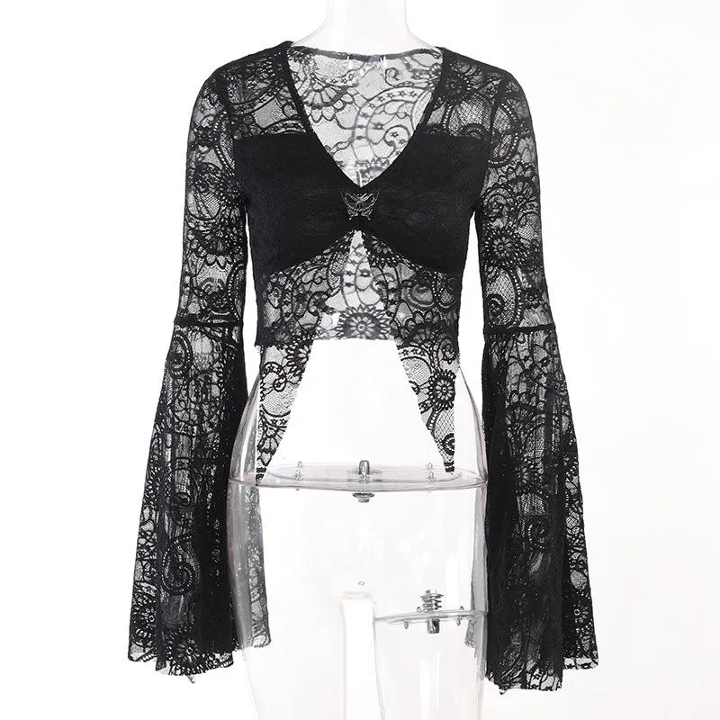 Flared sleeve lace slit v neck solid crop top goth Alternative Darkwave Fashion goth Emo Darkwave Fashion