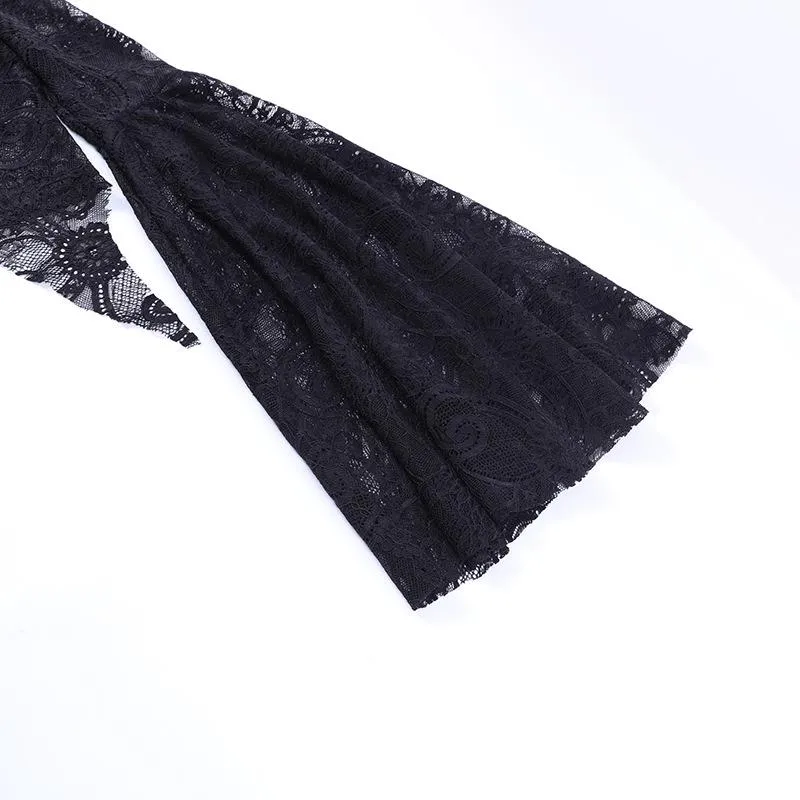 Flared sleeve lace slit v neck solid crop top goth Alternative Darkwave Fashion goth Emo Darkwave Fashion