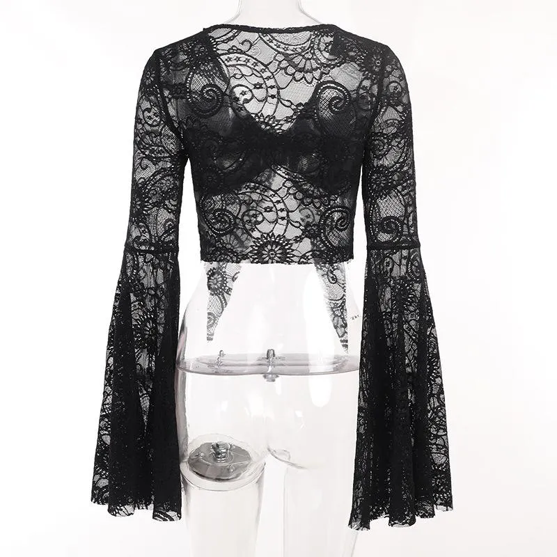 Flared sleeve lace slit v neck solid crop top goth Alternative Darkwave Fashion goth Emo Darkwave Fashion
