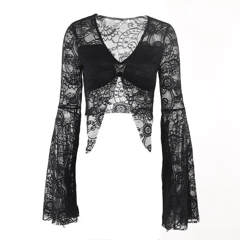 Flared sleeve lace slit v neck solid crop top goth Alternative Darkwave Fashion goth Emo Darkwave Fashion