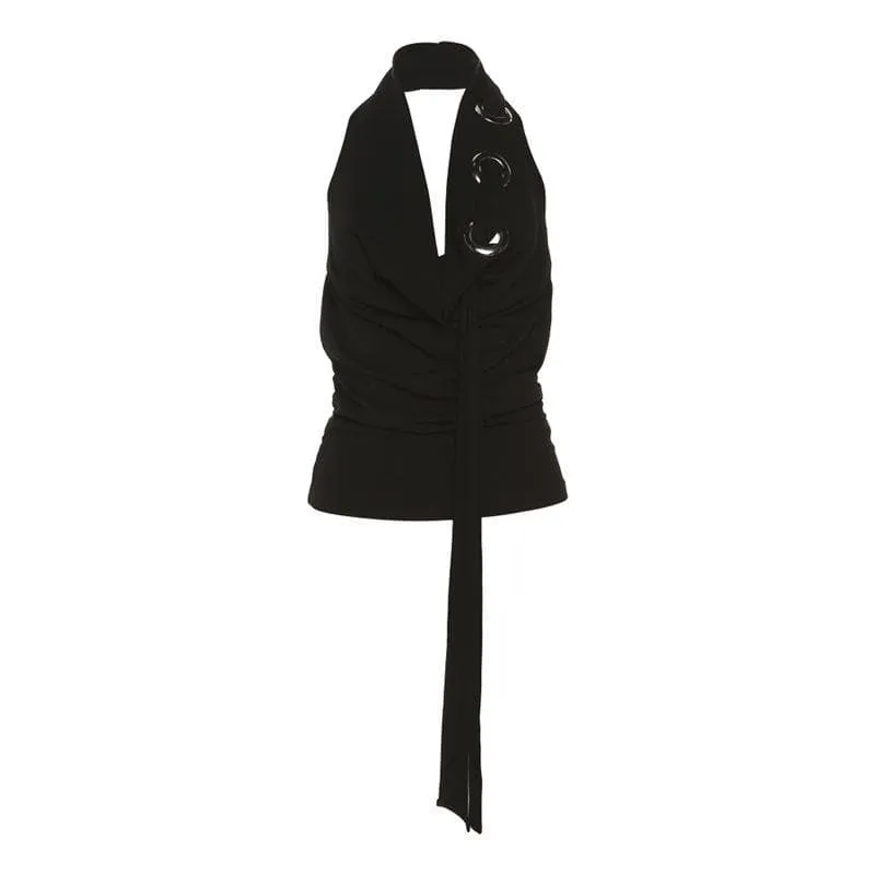 Halter backless hollow out ribbed cowl neck solid cut out top