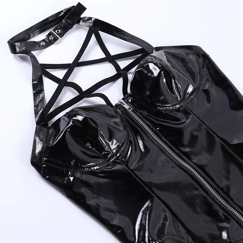 Halter PU leather zip-up backless corset buckle top