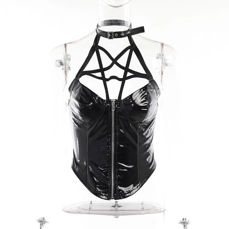 Halter PU leather zip-up backless corset buckle top