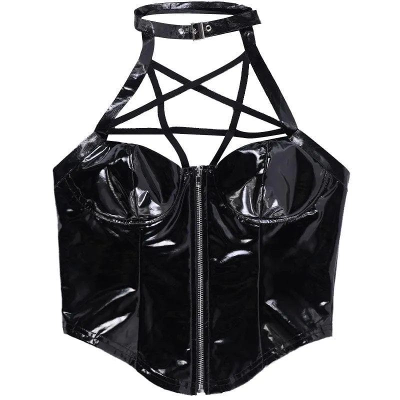 Halter PU leather zip-up backless corset buckle top