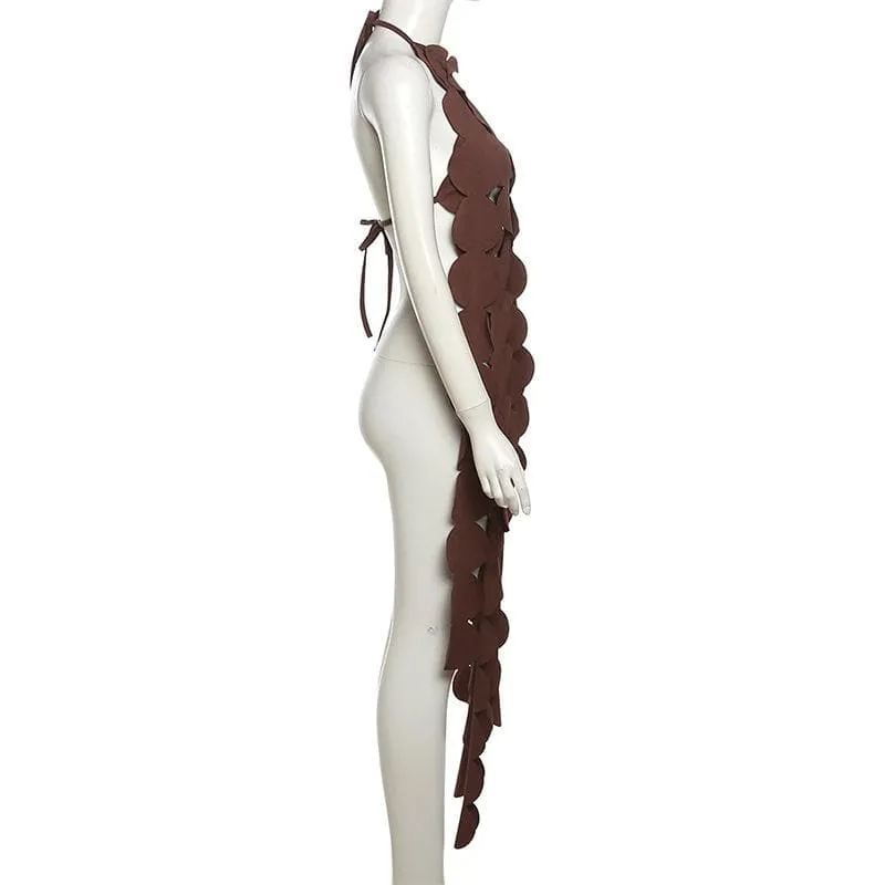 Halter self tie backless irregular hollow out solid cut out top