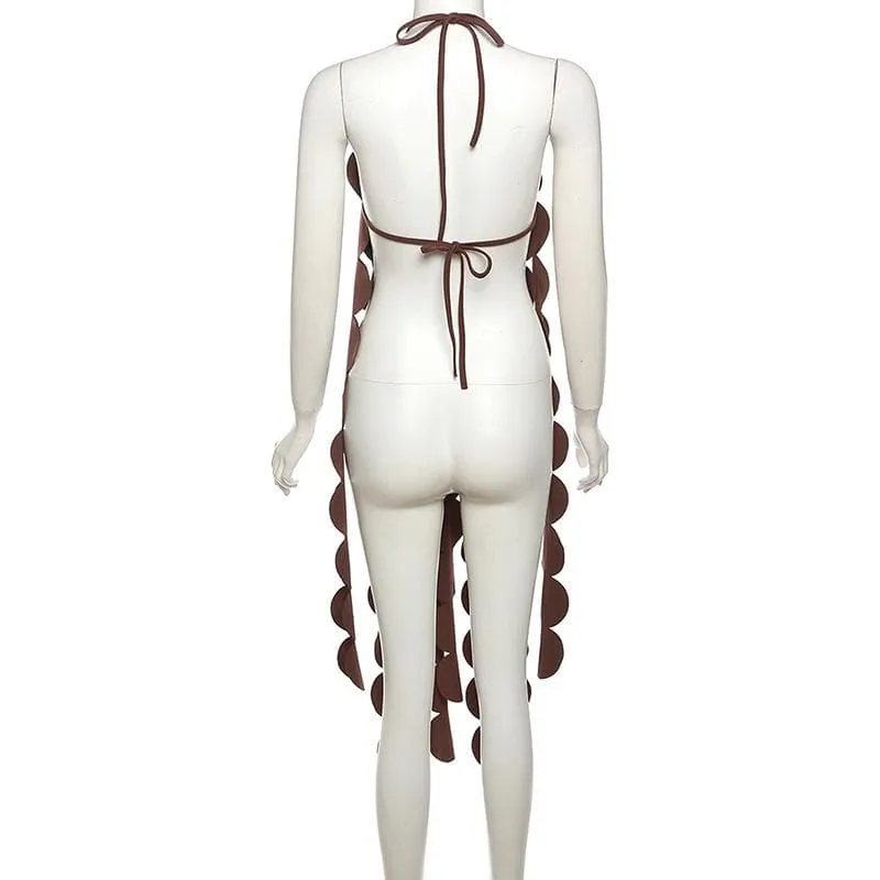 Halter self tie backless irregular hollow out solid cut out top