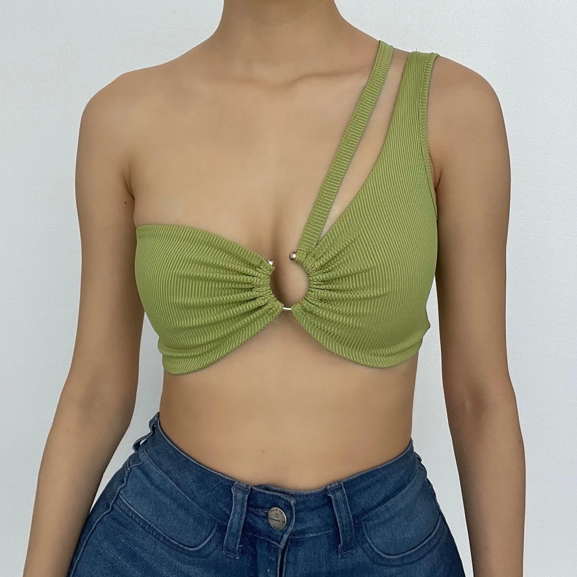 Hollow out o ring one shoulder backless ruched ribbed crop cut out top