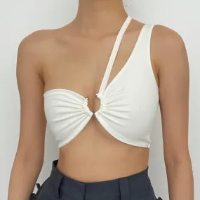 Hollow out o ring one shoulder backless ruched ribbed crop cut out top
