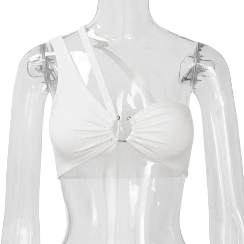 Hollow out o ring one shoulder backless ruched ribbed crop cut out top