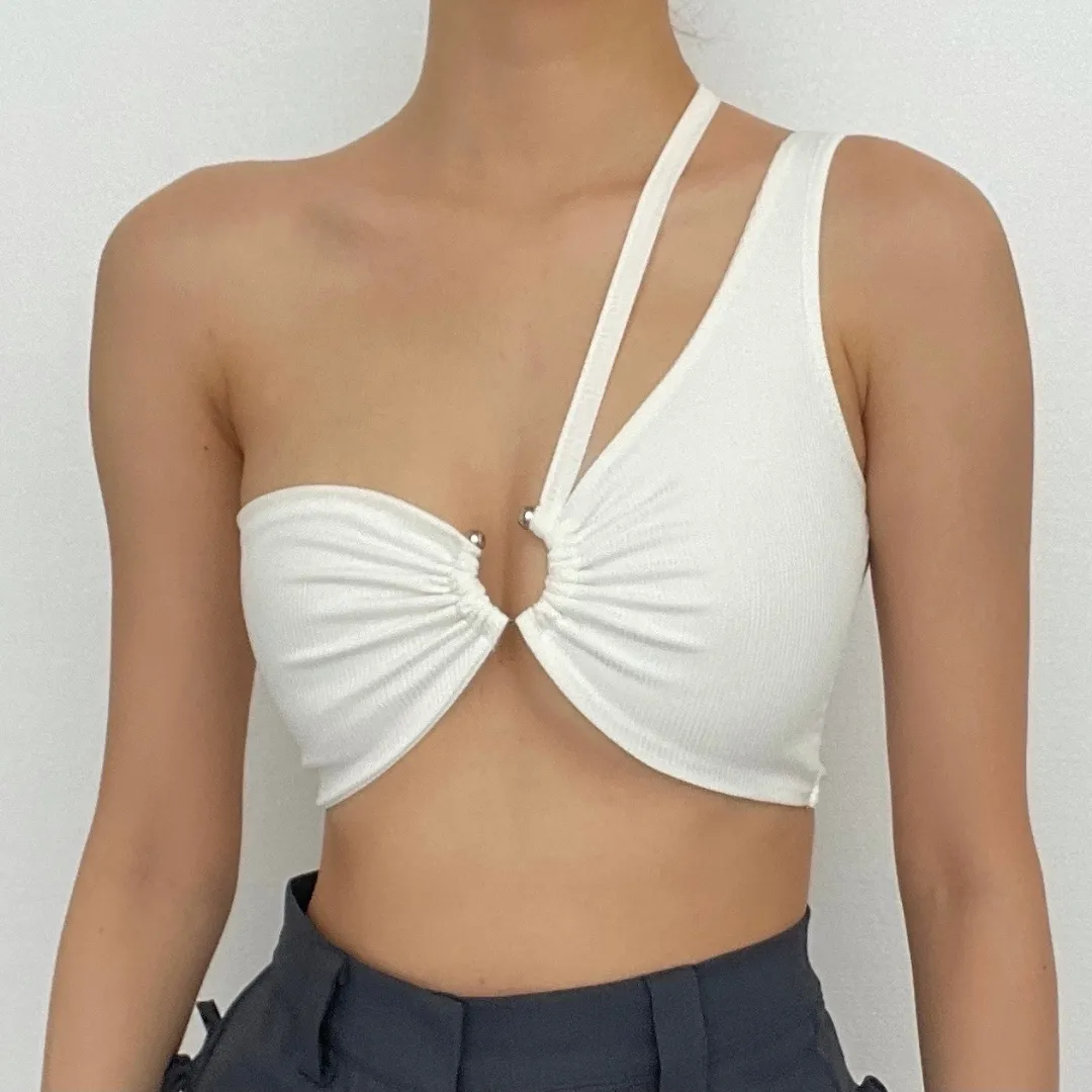 Hollow out o ring one shoulder backless ruched ribbed crop cut out top