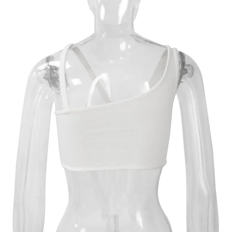 Hollow out o ring one shoulder backless ruched ribbed crop cut out top