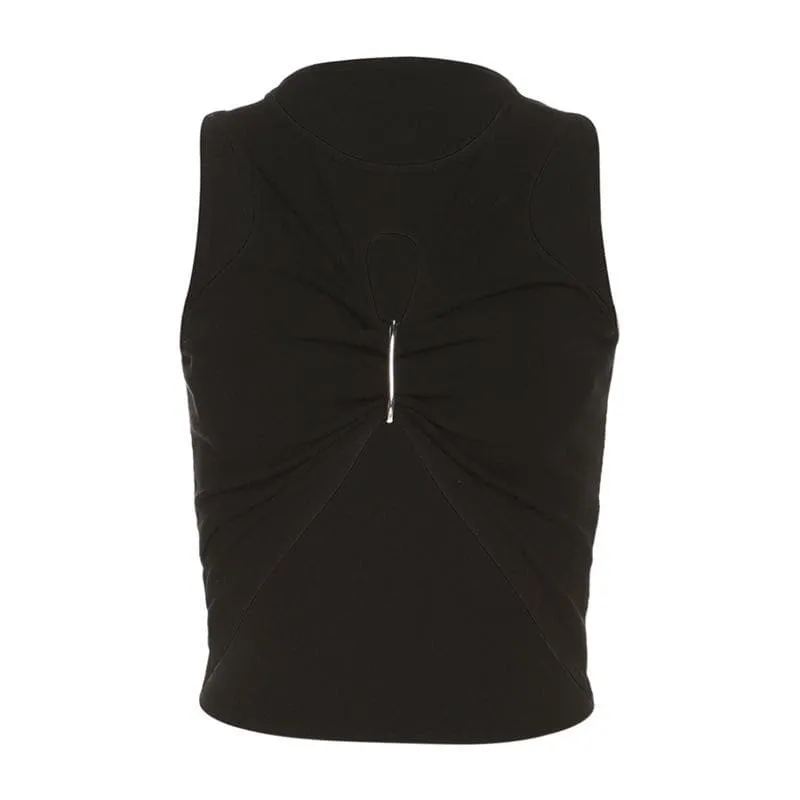 Hollow out sleeveless crewneck ruched solid crop cut out top