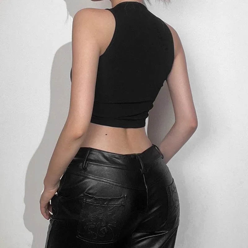 Hollow out sleeveless crewneck ruched solid crop cut out top