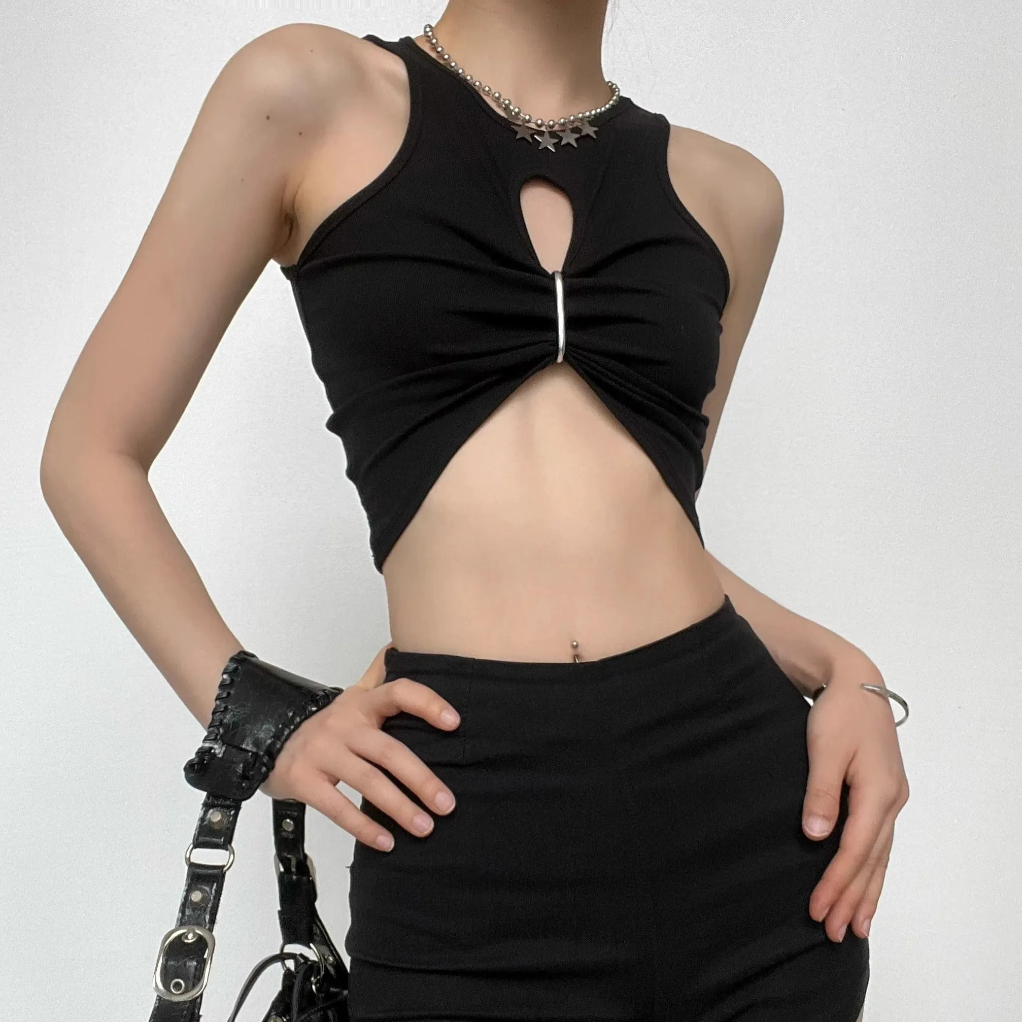 Hollow out sleeveless crewneck ruched solid crop top goth Alternative Darkwave Fashion goth Emo Darkwave Fashion