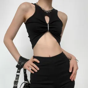Hollow out sleeveless crewneck ruched solid crop top goth Alternative Darkwave Fashion goth Emo Darkwave Fashion