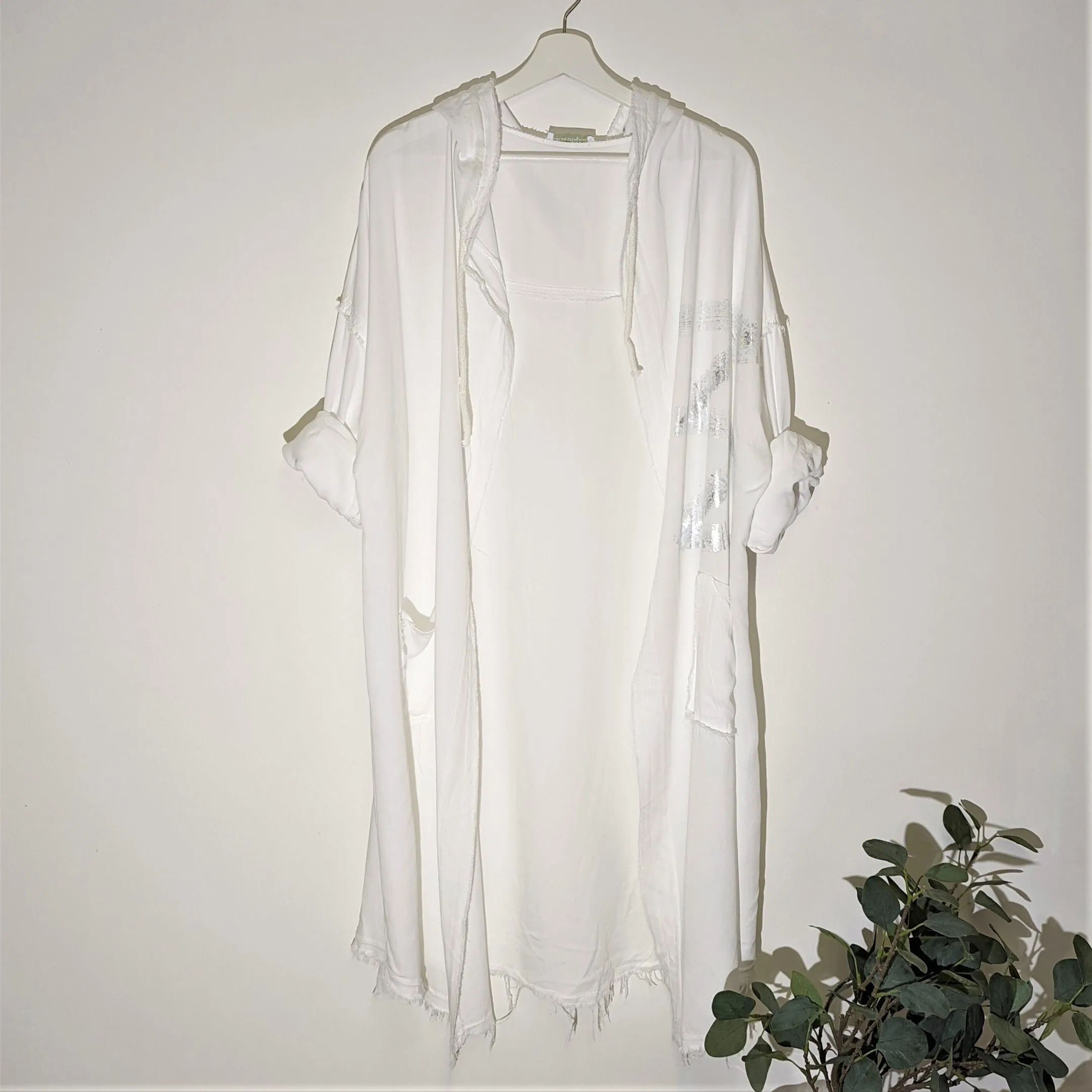 Hooded raw edge light weight jacket with silver hot print brush stroke element & pockets (O/S)