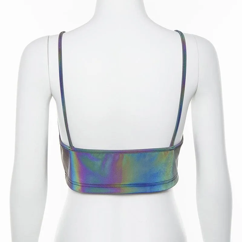 Laser metallic v neck backless cami crop top
