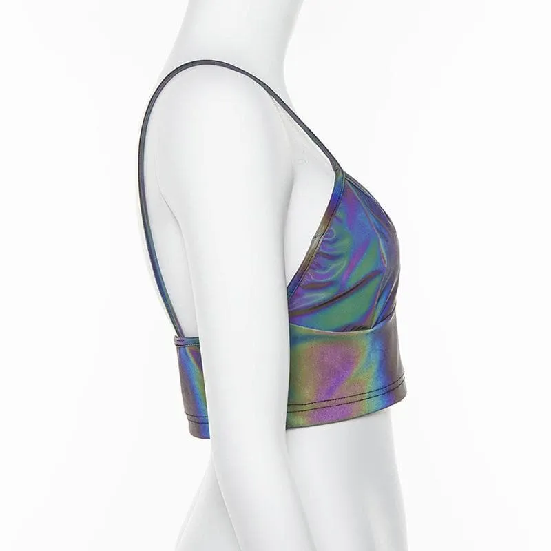 Laser metallic v neck backless cami crop top