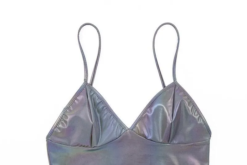 Laser metallic v neck backless cami crop top