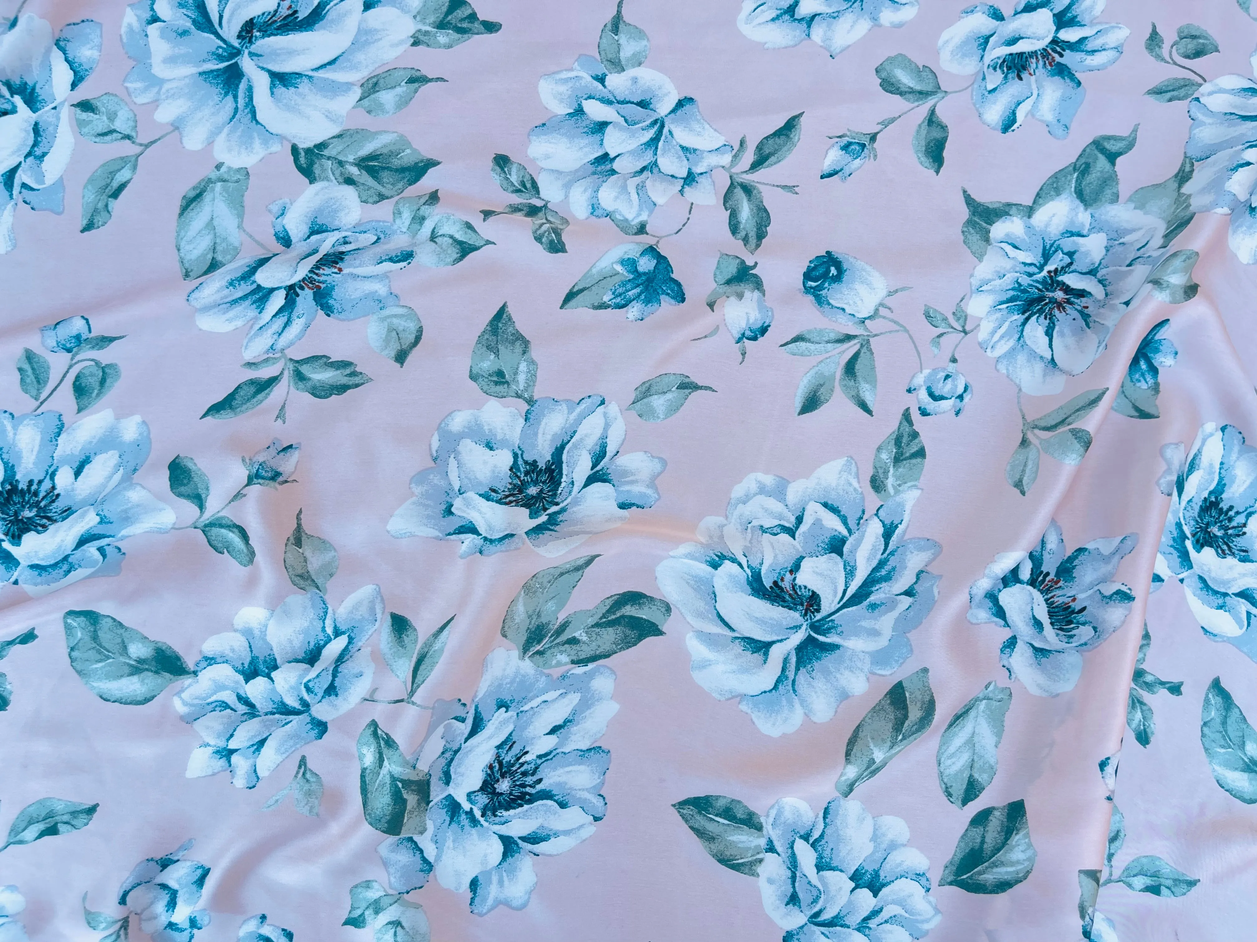 Lightweight  satin  fabric by the yard - Light pink turquoise green  floral  print