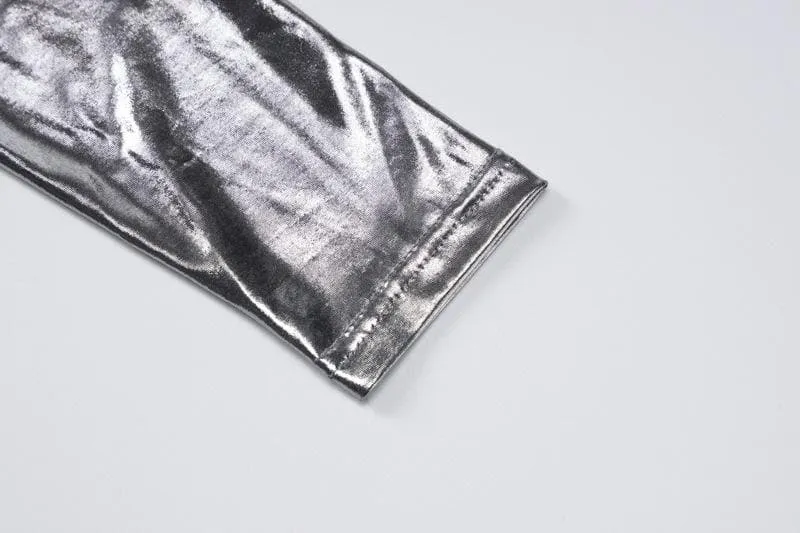 Long sleeve crewneck metallic solid crop top