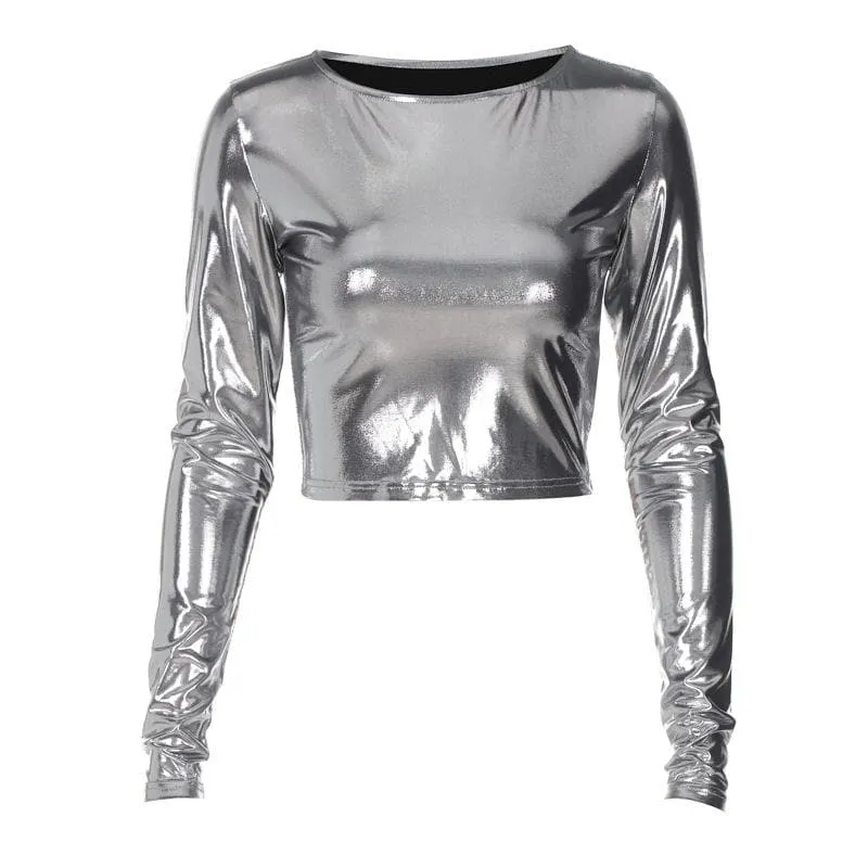 Long sleeve crewneck metallic solid crop top