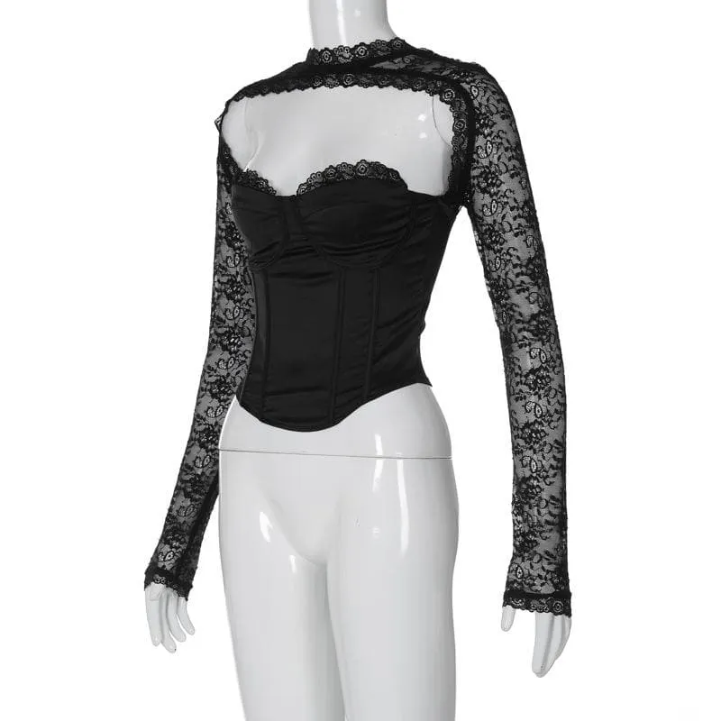 Long sleeve lace zip-up solid backless bustier patchwork top