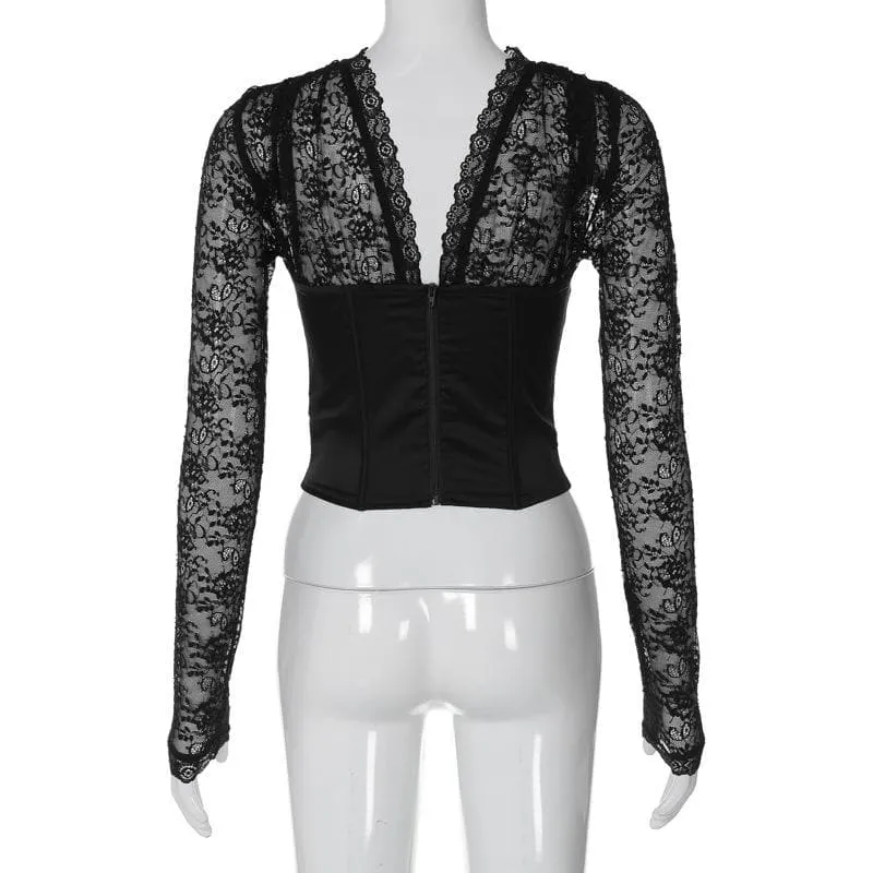 Long sleeve lace zip-up solid backless bustier patchwork top