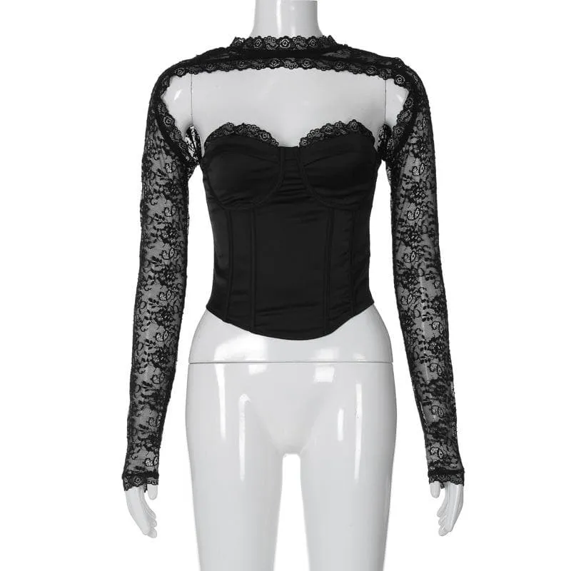 Long sleeve lace zip-up solid backless bustier patchwork top